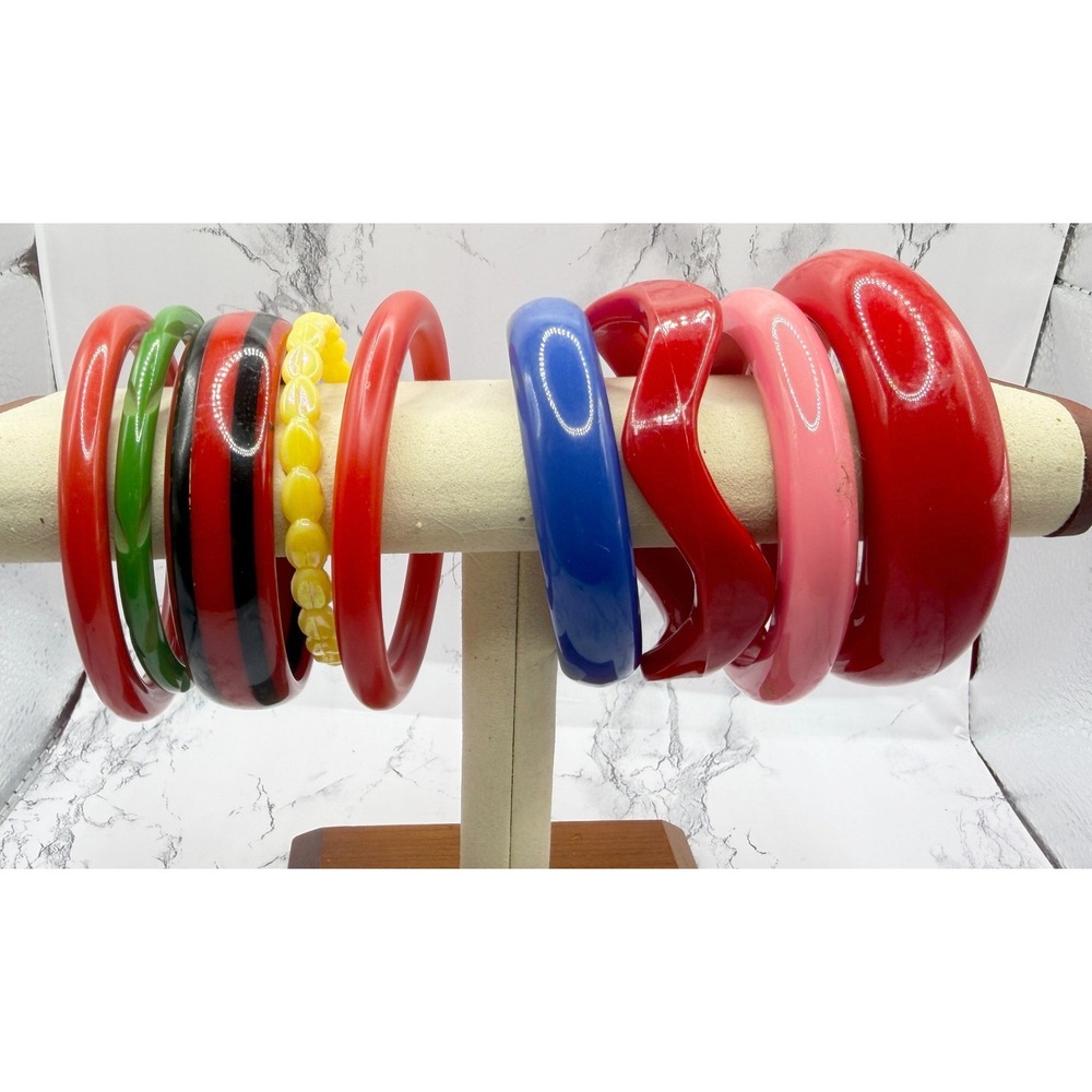 Colorful Acrylic Bangle Bracelet Lot of 9 Red Pink Blue Green Yellow Retro Stack